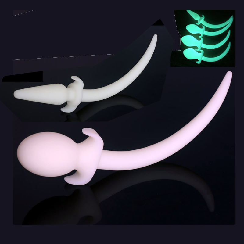 Luminous White Color Silicone Anal Plug with Tail Anus Intruder Puppy Costume